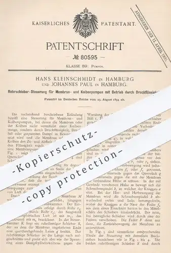 original Patent - Hans Kleinschmidt , Johannes Paul , Hamburg , 1894 , Rohrschieber - Steuerung für Pumpen | Pumpe !!!