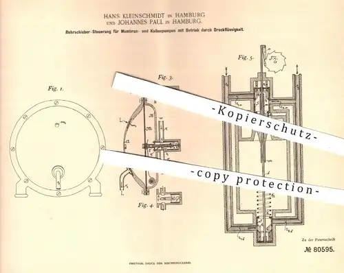 original Patent - Hans Kleinschmidt , Johannes Paul , Hamburg , 1894 , Rohrschieber - Steuerung für Pumpen | Pumpe !!!