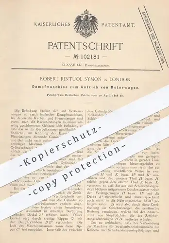 original Patent - Robert Rintuol Symon , London , 1898 , Dampfmaschine zum Antrieb von Motorwagen | Motor , Motoren !!!