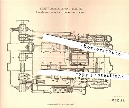 original Patent - Robert Rintuol Symon , London , 1898 , Dampfmaschine zum Antrieb von Motorwagen | Motor , Motoren !!!