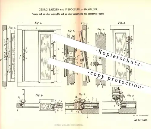 original Patent - Georg Sänger | F. Mögelin , Hamburg , 1892 , Fenster mit drehbaren Flügeln | Fensterbauer , Fensterbau