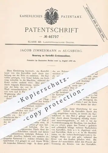 original Patent - Jacob Zimmermann , Augsburg , 1888 , Kartoffel - Erntemaschinen | Kartoffeln ernten | Landwirtschaft !