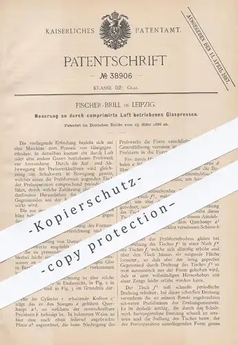 original Patent - Fischer - Brill , Leipzig , 1886 , durch komprimierte Luft betriebenene Glaspressen | Pressen , Glas !