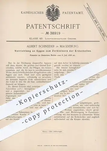 original Patent - Albert Schneider , Magdeburg , 1886 , Eggen zum Zerkleinern der Erdschollen | Egge , Landwirtschaft !!