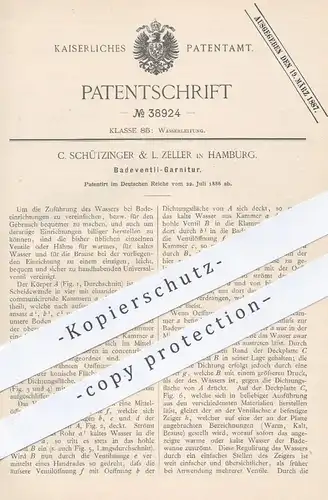 original Patent - C. Schützinger & L. Zeller , Hamburg , 1886 , Badeventil - Garnitur | Wasserhahn , Sanitär , Klempner