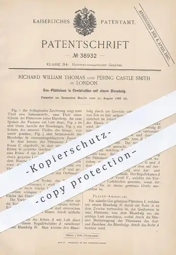 original Patent - Richard W. Thomas | Pering Castle Smith , London , 1886 , Gas - Plätteisen mit Blasebalg | Bügeleisen