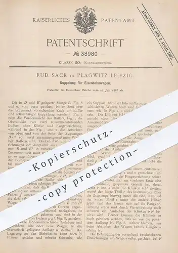 original Patent - Rud. Sack , Leipzig / Plagwitz , 1886 , Kupplung für Eisenbahnen | Eisenbahn , Lokomotive !!!