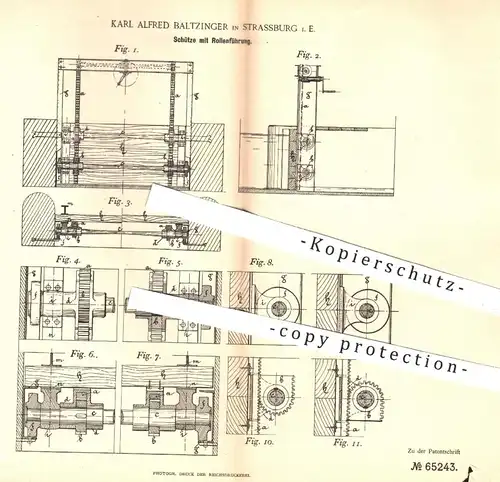 original Patent - Karl Alfred Baltzinger , Strassburg , 1891 , Schütze mit Rollenführung | Wasserbau , Wasser - Schleuse