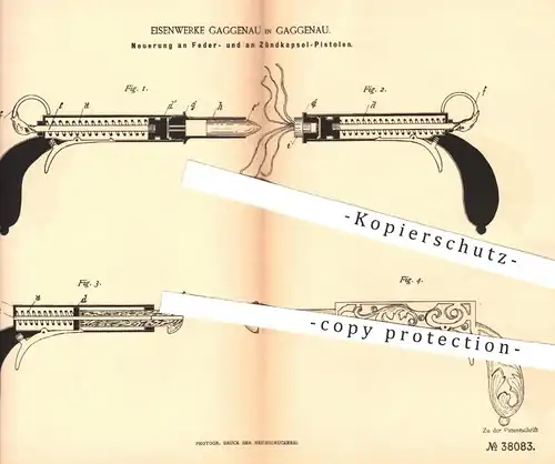 original Patent - Eisenwerke Gaggenau , 1886 , Feder- u. Zündkapsel - Pistolen | Feuerwaffen , Pistolen , Revolver !!!
