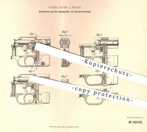 original Patent - Georg Luger , Berlin , 1894 , Sicherung für Schusswaffen | Revolver , Waffen , Pistole , Pistolen !!