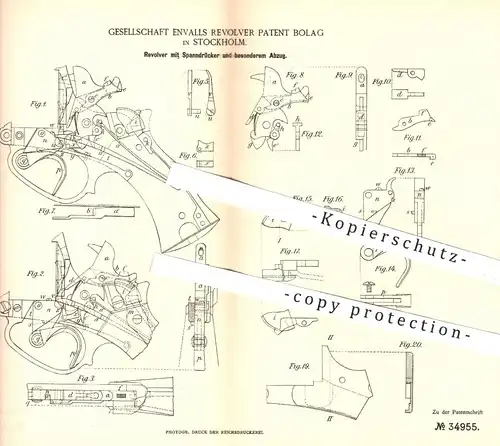 original Patent - Envalls Revolver Patent Bolag , Stockholm , 1885 , Revolver mit Spanndrücker | Waffen , Pistolen !!!