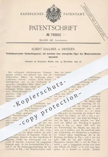 original Patent - Albert Dallmer , Dresden , 1893 , Selbstkassierender Verkaufsautomat | Automat mit Münzeinwurf !!!