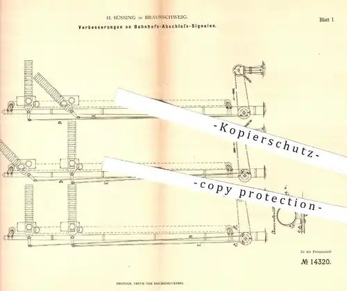 original Patent - H. Büssing , Braunschweig , 1880 , Bahnhofs - Abschluss - Signale | Eisenbahn , Eisenbahnen , Bahnhof