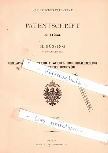 original Patent - H. Büssing in Braunschweig , 1880 , Hebelapparat für Weichen- und Signalstellung !!!