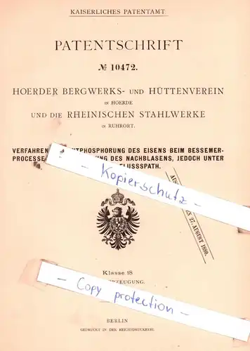 original Patent - Hoerdern Bergwerks- und Hüttenverein in Hoerde , 1879 , Entphosphorung des Eisens !!!