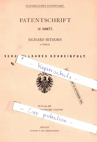 original Patent - Richard Bithorn in Berlin , 1879 , Verstellbares Schreibpult !!!