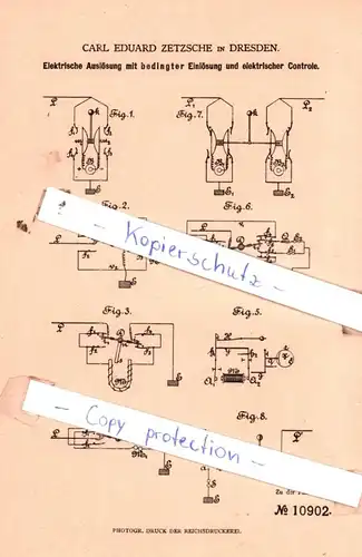 original Patent - Carl Eduard Zetsche in Dresden , 1880 , Elektrische Auslösung mit Einlösung !!!