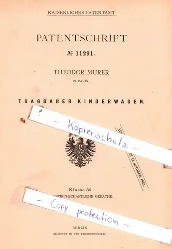 original Patent - Theodor Murer in Paris , 1880 , Tragbarer Kinderwagen !!!