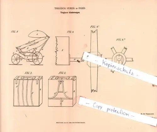 original Patent - Theodor Murer in Paris , 1880 , Tragbarer Kinderwagen !!!