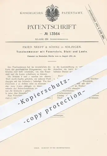 original Patent - Fried. Neeff & Söhne , Solingen , 1880 , Taschenmesser mit Feuerstein , Stahl u. Lunte | Messer !!!