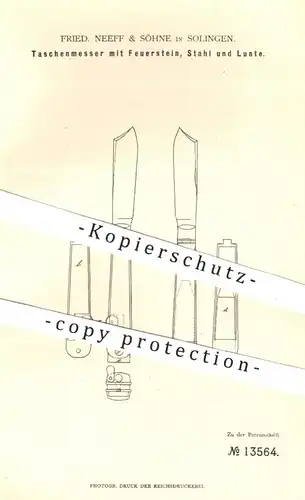 original Patent - Fried. Neeff & Söhne , Solingen , 1880 , Taschenmesser mit Feuerstein , Stahl u. Lunte | Messer !!!