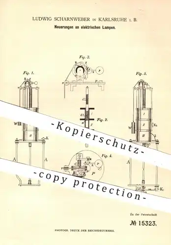original Patent - Ludwig Scharnweber , Karlsruhe , 1880 , elektrische Lampen | Lampe , Licht , Elektriker , Elektrik !!