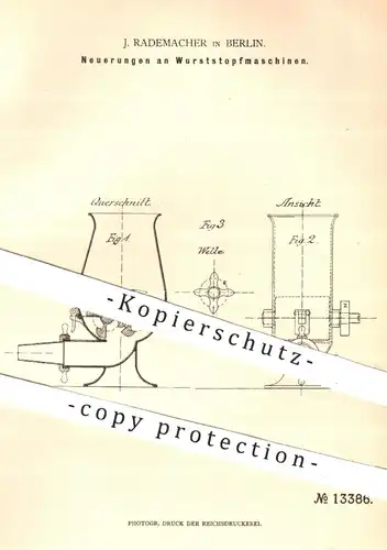 original Patent - J. Rademacher , Berlin , 1880 , Wurststopfmaschinen | Wurstmaschinen , Wurst , Fleisch , Schlachter !