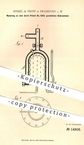 original Patent - Hinkel & Trupp , Frankfurt / Main , 1881 , Rohrwärmer | Rohre , Rohrleitungen , Wasserleitung , Gas !