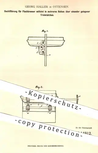 original Patent - Georg Haller , Hamburg Ottensen , 1881 , Dochtführung für Flachbrenner | Brenner , Gasbrenner , Lampe