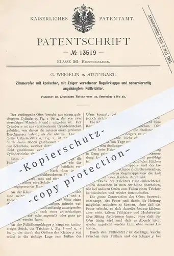 original Patent - G. Weigelin , Stuttgart , 1880 , Zimmerofen mit Regulierklappe | Ofen , Öfen , Ofenbauer , Heizung !!