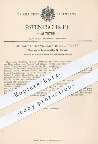 original Patent - Johannes Hannmann , Stuttgart , 1890 , Resonanzboden für Klavier | Piano , Musikinstrumente , Musik !!