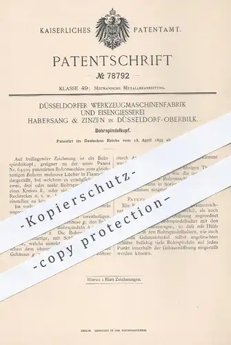 original Patent - Werkzeugmaschinenfabrik u. Eisengießerei Habersang & Zinzen , Düsseldorf , 1893 , Bohrspindel - Kopf