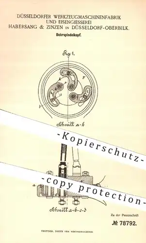 original Patent - Werkzeugmaschinenfabrik u. Eisengießerei Habersang & Zinzen , Düsseldorf , 1893 , Bohrspindel - Kopf