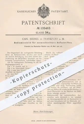 original Patent - Carl Heimel , Frankfurt Main  1901 , Reklameschild für auswechselbare Aufschriften | Reklame , Werbung