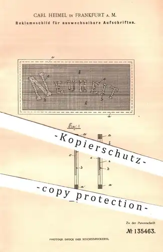 original Patent - Carl Heimel , Frankfurt Main  1901 , Reklameschild für auswechselbare Aufschriften | Reklame , Werbung