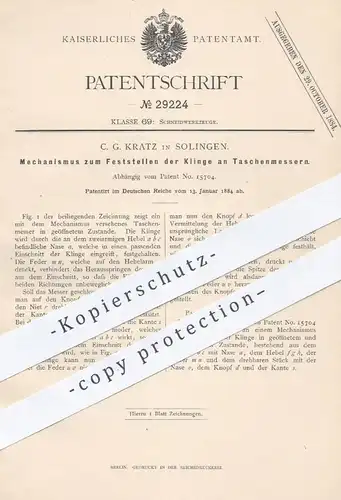 original Patent - C. G. Kratz , Solingen , 1884 , Feststellen der Klinge am Taschenmesser | Messer , Messerklingen !!!