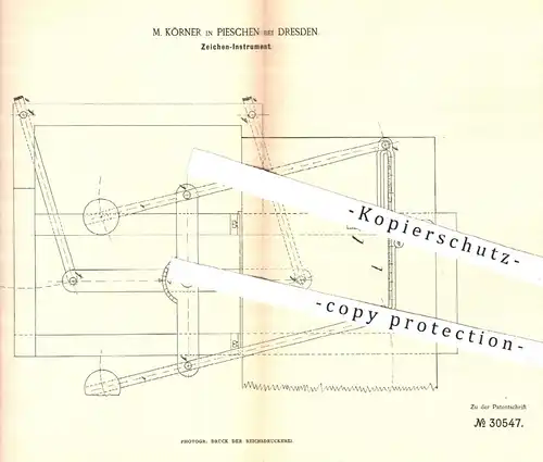 original Patent - M. Körner , Pieschen / Dresden 1884 , Zeichen-Instrument | Zeichnen , Architekt , Bauzeichner , Lineal