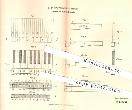 original Patent - F. W. Hoeftmann , Berlin , 1890 , Klaviatur für Tastenintrumente | Klavier , Piano , Musikinstrumente