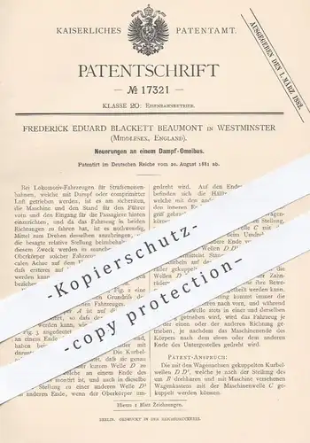 original Patent - Frederick E. Blackett Beaumont , Westminster , Middlesex  England , 1881 , Dampf - Omnibus | Eisenbahn