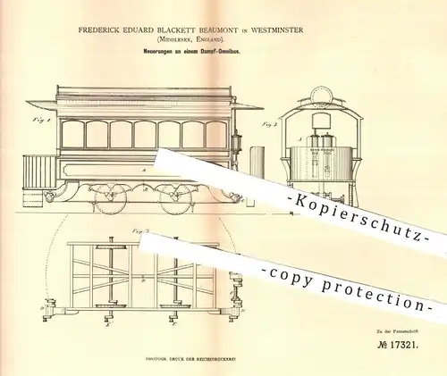 original Patent - Frederick E. Blackett Beaumont , Westminster , Middlesex  England , 1881 , Dampf - Omnibus | Eisenbahn