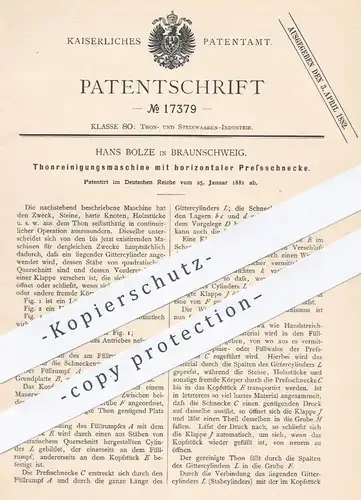 original Patent - Hans Bolze , Braunschweig , 1881 , Tonreinigungsmaschine | Aussondern von Ton , Stein , Holz | Walzen