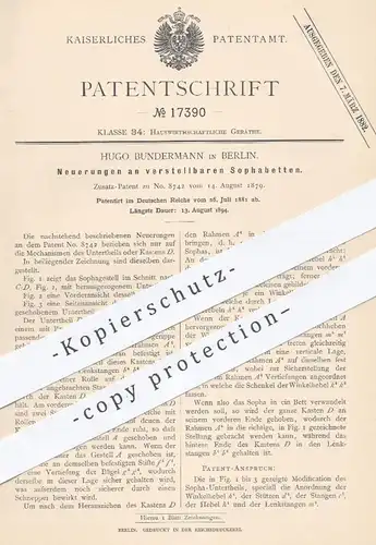 original Patent - Hugo Bundermann in Berlin , 1881 , verstellbares Sofabett | Sofa , Couch , Bett , Betten , Möbel !!!