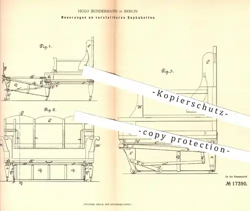 original Patent - Hugo Bundermann in Berlin , 1881 , verstellbares Sofabett | Sofa , Couch , Bett , Betten , Möbel !!!