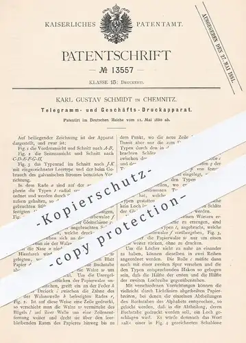 original Patent - Karl Gustav Schmidt , Chemnitz , 1880 , Drucker , Druck | Druckerei , Buchdruck , Papier , Telegramm