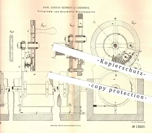 original Patent - Karl Gustav Schmidt , Chemnitz , 1880 , Drucker , Druck | Druckerei , Buchdruck , Papier , Telegramm