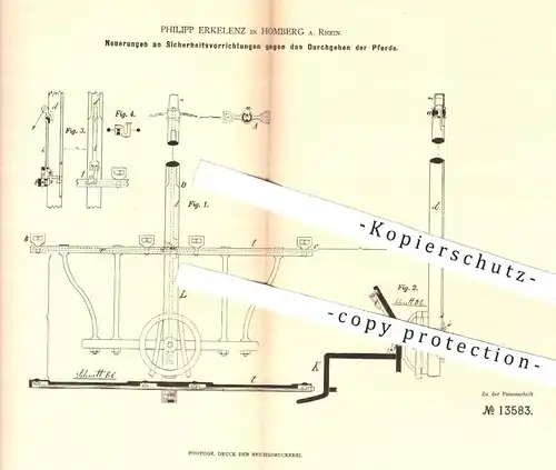 original Patent - Philipp Erkelenz , Homburg / Rhein  1880 , Durchgehen der Pferde verhindern | Pferd , Kutsche , Reiter