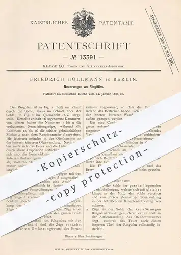 original Patent - Friedrich Hollmann , Berlin 1880 , Ringofen , Ringöfen | Ofen , Öfen , Ofenbauer , Heizung , Brennofen