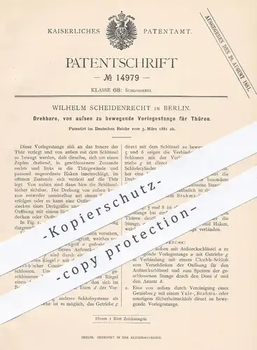 original Patent - Wilhelm Scheidenrecht , Berlin , 1881 , Vorlegestange für Türen | Riegel , Türschloss , Schloss !!