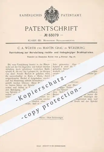 original Patent - C. A. Würth / Martin Grau , Würzburg , 1895 , rechts- und linksgängige Drahtspiralen | Draht , Metall