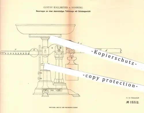 original Patent - Gustav Kallmeyer , Hamburg , 1881 , Tafelwaage mit Schiebegewicht | Waage , Waagen , Wiegen , Gewicht